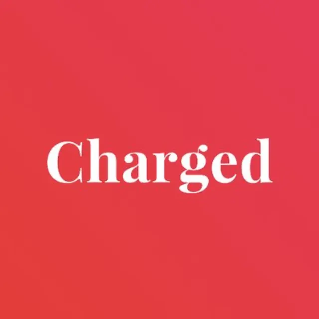 Charged wordmark on a coral-red background