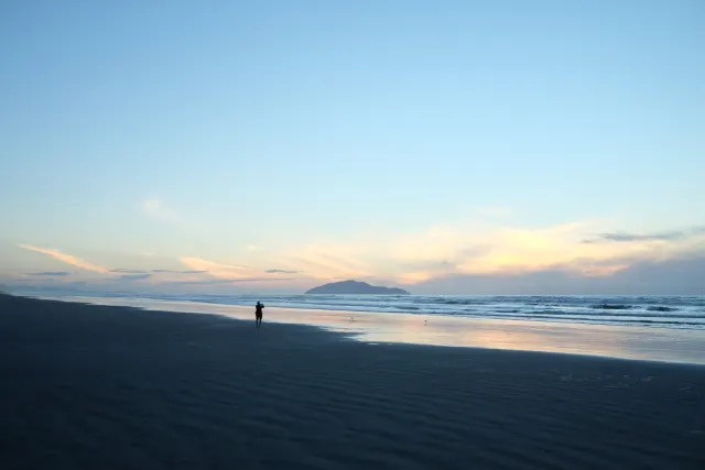 A person standing on a wide beach at sunset