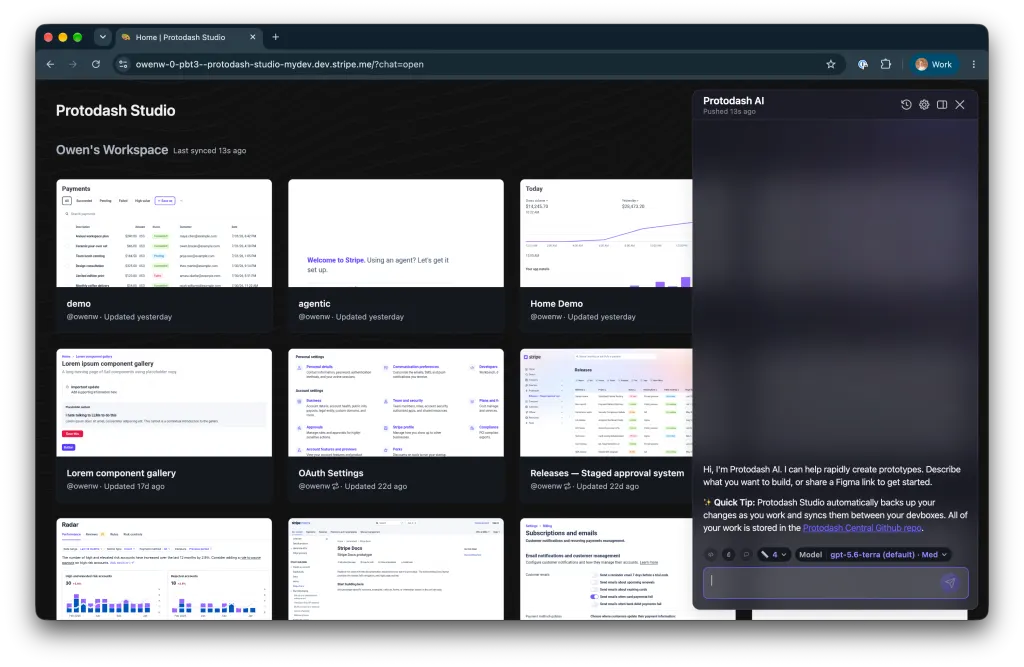Protodash Studio workspace showing a grid of prototype cards and the Protodash AI chat panel